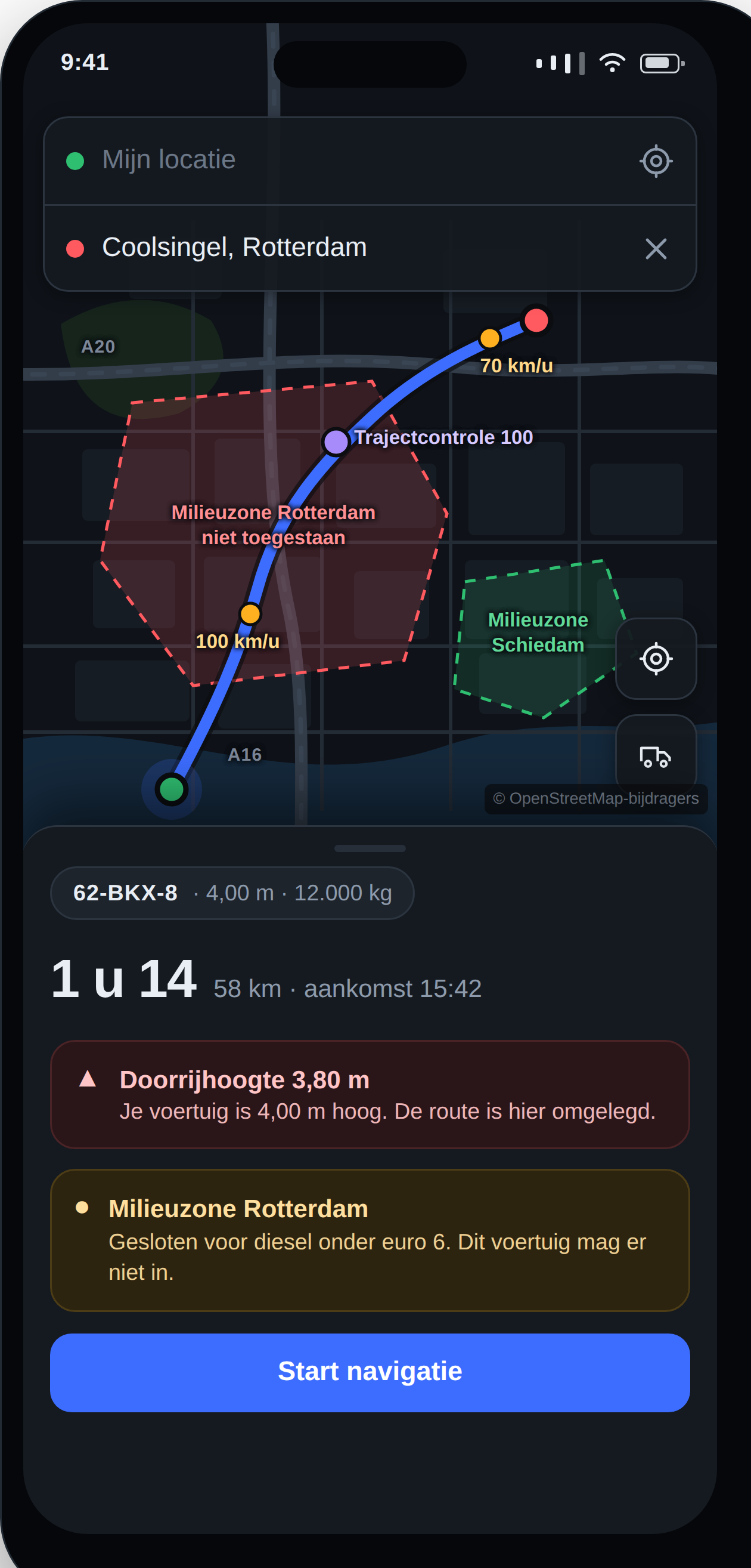 TB-Maps op een telefoon: route naar Coolsingel Rotterdam met de milieuzone rood gemarkeerd, flitsers op de route en een waarschuwing voor een doorrijhoogte van 3,80 meter.